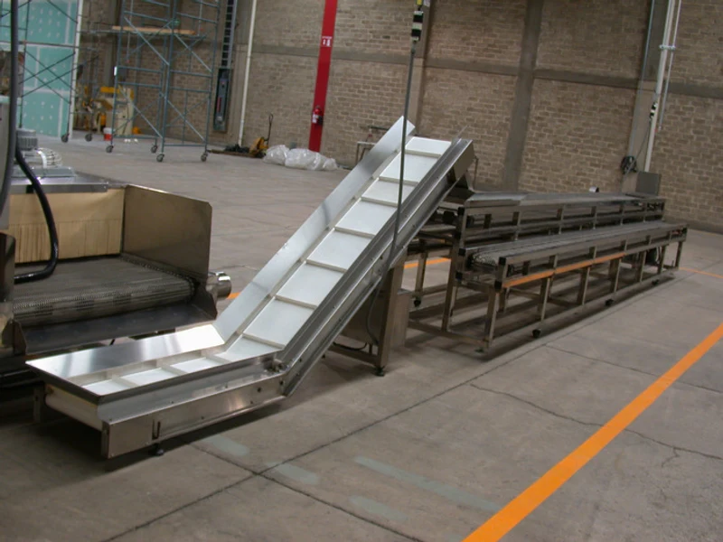 Accumulation table and incline conveyor on an EDELSTEIN ice tube line
