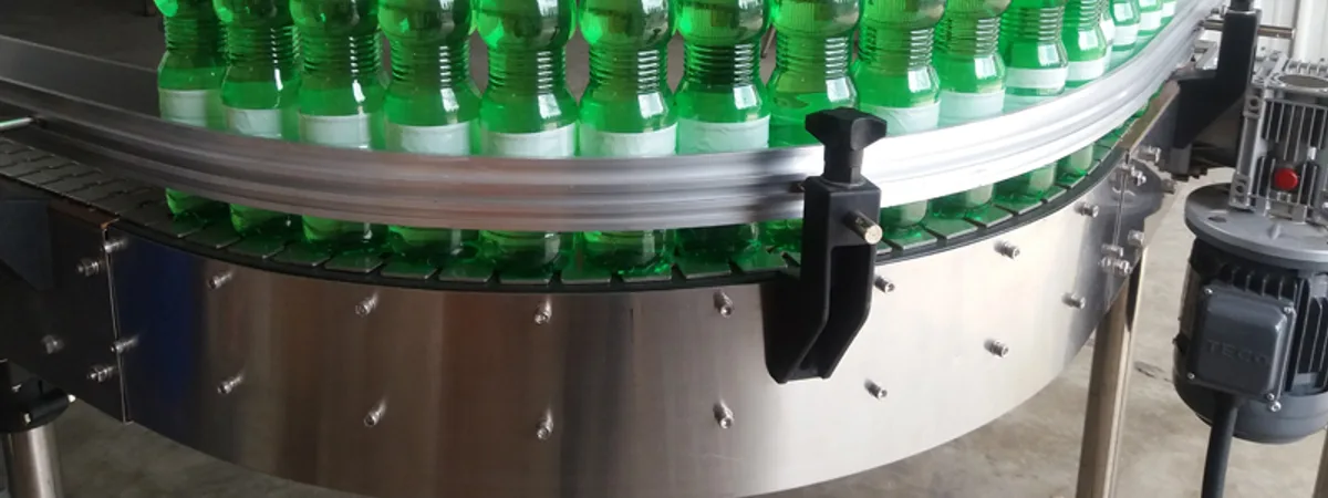 EDELSTEIN PET beverage bottles on a filling line conveyor