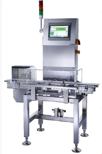 EDELSTEIN in-line check-weigher with touchscreen controller over a conveyor