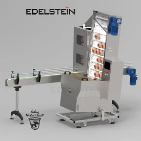 EDELSTEIN waterfall-lift bottle unscrambler orienting and feeding empty bottles onto the line